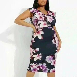 Boohoo 💜NWT Navy Pink Floral Ruffle Midi Dress Stretch Bodycon VNeck Plus Sz 18